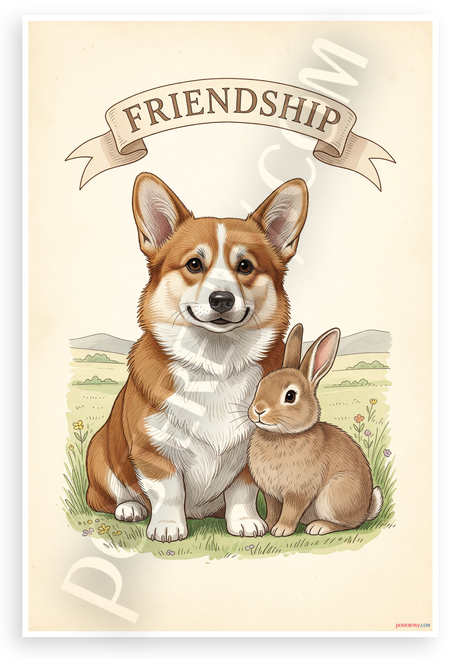 Pembroke Welsh Corgi Bunny Friendship Vintage Illustration 12x18 US Made Poster
