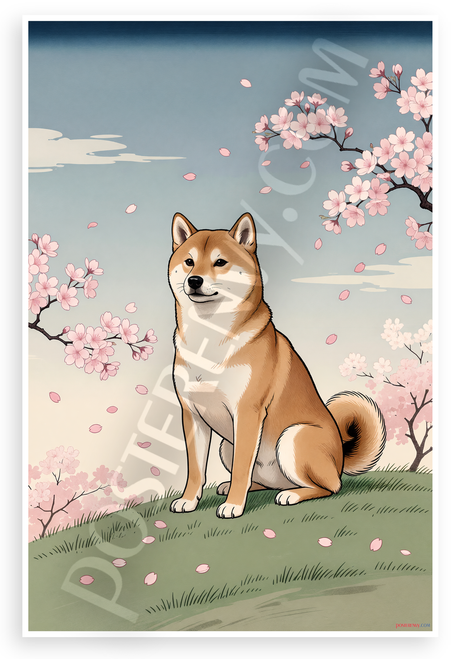 Shiba Inu with Cherry Blossoms Ukiyo-e Style 12x18 US Made Poster