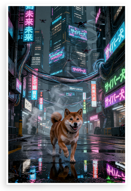 Shiba Inu Cyberpunk City Adventure Futuristic Neon 12x18 US Made Poster