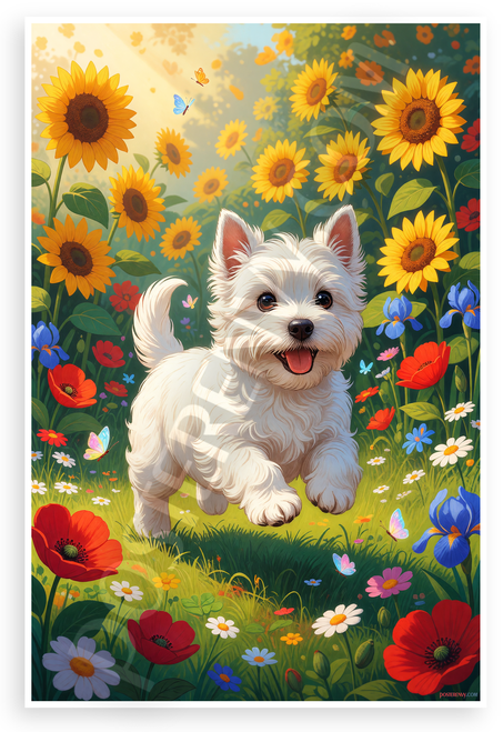 Playful Westie Puppy in Sunny Flower Garden Wildlife 12x18 US Made Poster