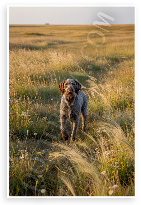 Wirehaired Pointing Griffon Pointing in Golden Hour Field Wildlife 12x18 US Made Poster