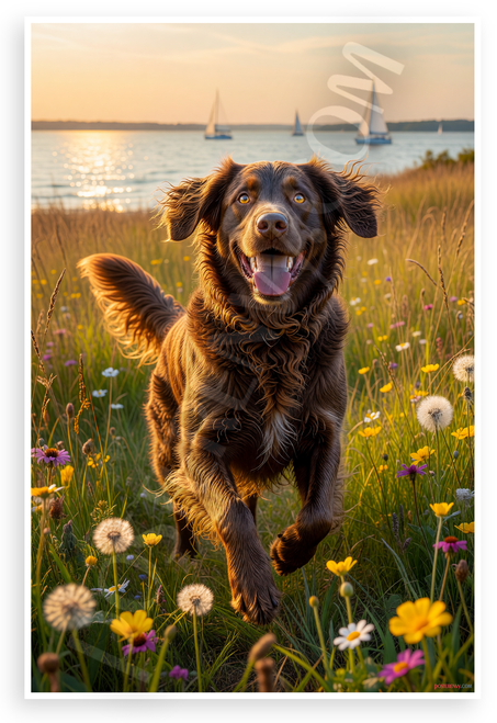 Chesapeake Bay Retriever Playful Run Meadow Sunset Sailboats Wildlife 12x18 US Made Poster