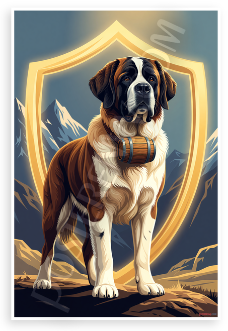 Saint Bernard Dog Guardian with Barrel Shield Mountains 12x18 US Made Poster