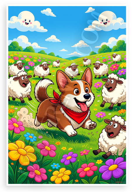 Playful Corgi Herding Sheep Vibrant Cartoon 12x18 US Made Poster