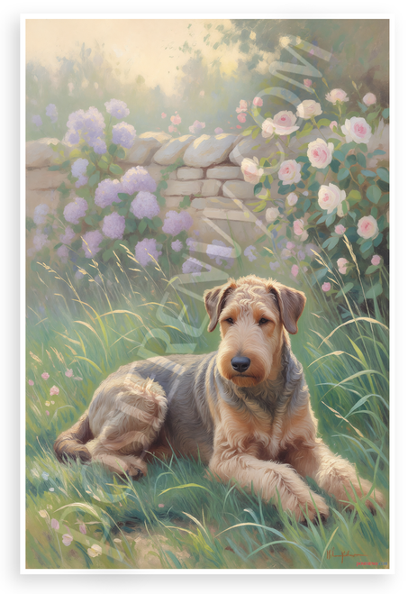 Airedale Terrier Garden Flowers Impressionist Portrait 12x18 US Made Poster