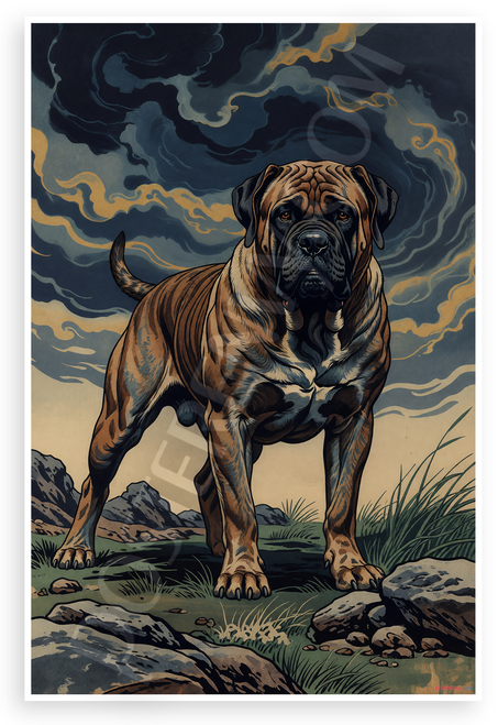Majestic Bullmastiff Guardian Woodblock Print Style 12x18 US Made Poster