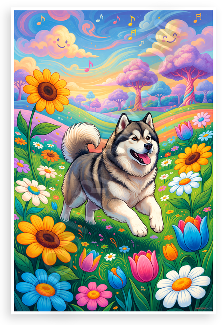 Playful Alaskan Malamute in Whimsical Flower Meadow 12x18 US Made Poster