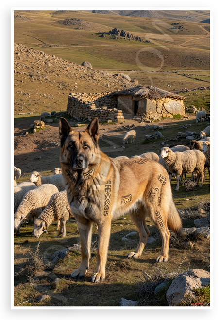 Anatolian Shepherd Dog with Ancient Turkish Symbols Pastoral Landscape 12x18 US Made Poster