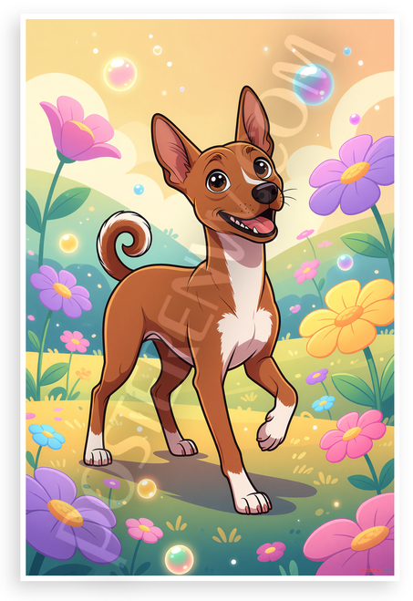 Playful Basenji Dog in Whimsical Cartoon Garden 12x18 US Made Poster