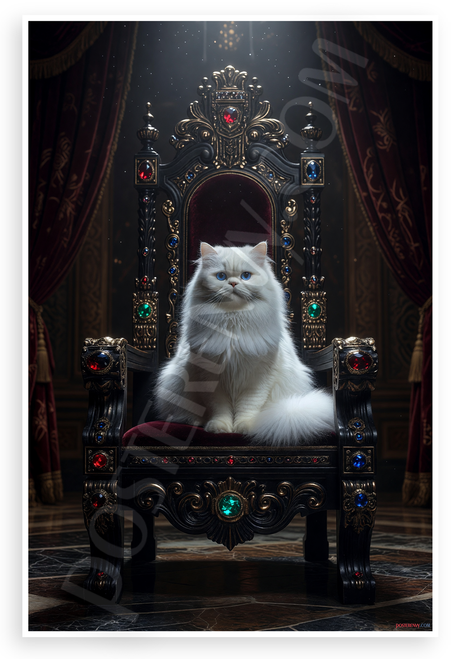 Regal White Persian Cat on Ornate Throne Fantasy 12x18 US Made Poster
