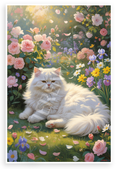 Dreamy White Persian Cat in Blooming Garden Wildlife 12x18 US Made Poster