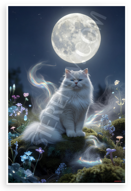 Elegant White Persian Cat Under Full Moon Mystical Fantasy 12x18 US Made Poster