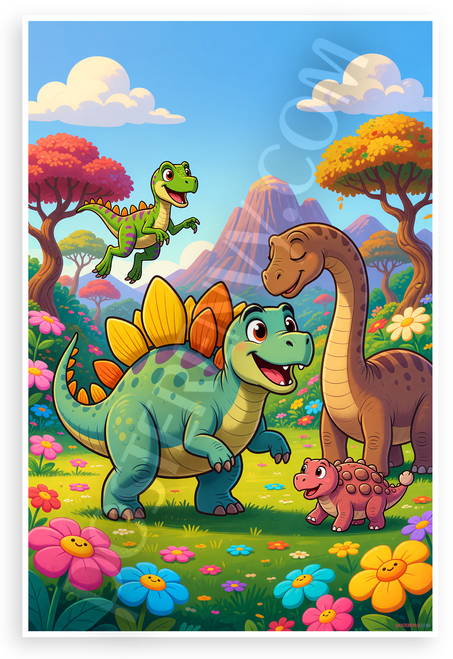 Cute Cartoon Dinosaur Family Stegosaurus Brachiosaurus Educational 12x18 US Made Poster