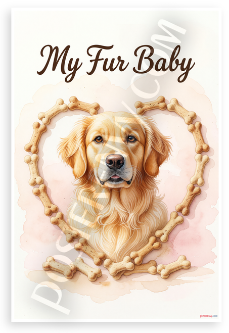 Golden Retriever My Fur Baby Dog Bone Heart Watercolor 12x18 US Made Poster