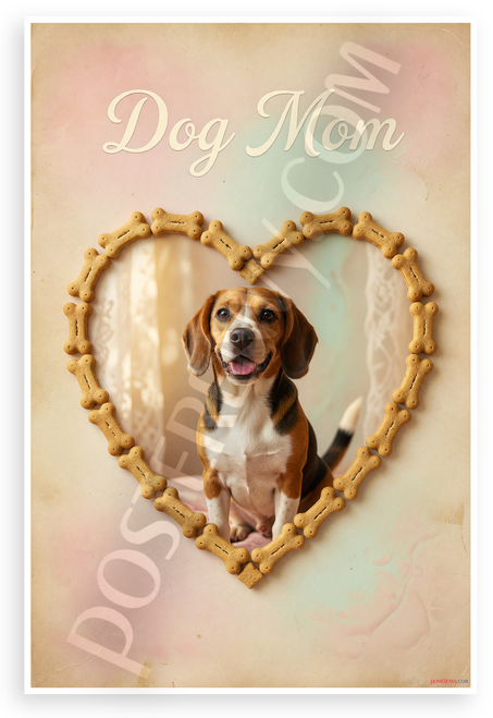 Dog Mom Beagle in Bone Treat Heart Frame Vintage 12x18 US Made Poster