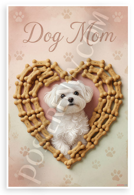 Dog Mom Maltese Puppy Dog Bone Heart Whimsical 12x18 US Made Poster