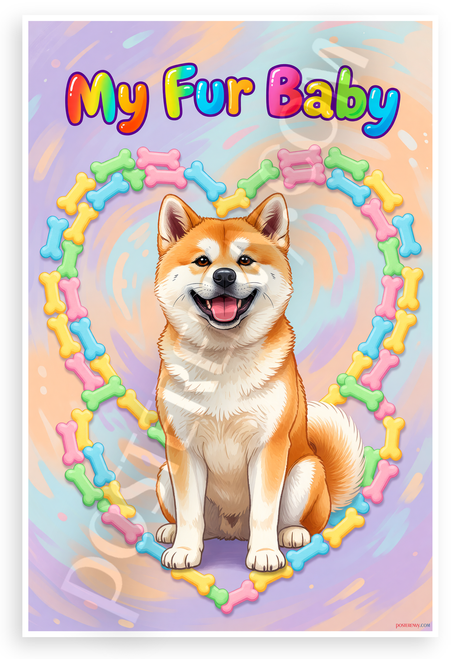 My Fur Baby Akita Dog Colorful Heart Bone Border 12x18 US Made Poster