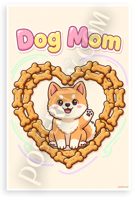 Dog Mom Cute Akita in Bone Treat Heart Whimsical 12x18 US Made Poster