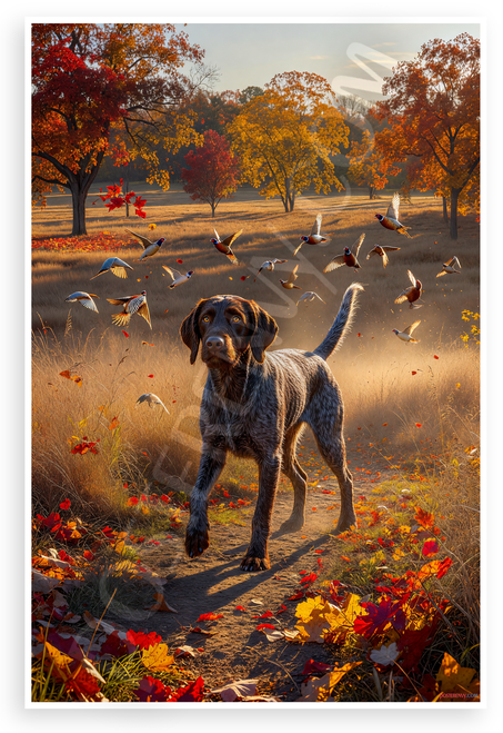 German Wirehaired Pointer Pointing Birds Autumn Field Hunting 12x18 US Made Poster