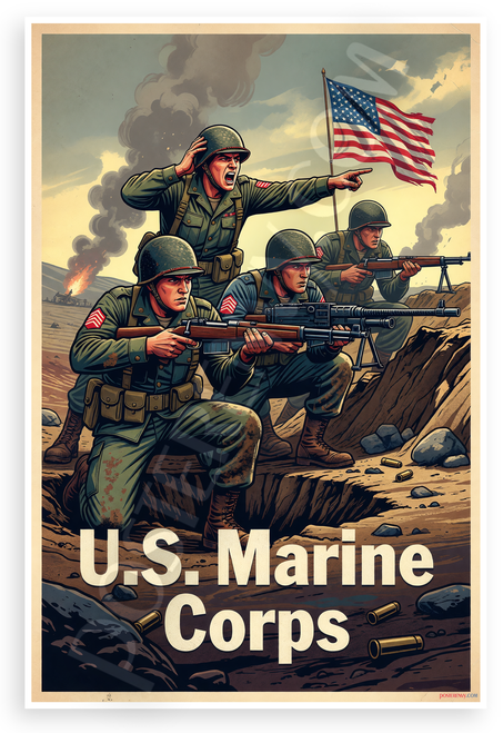 U.S. Marine Corps Vintage Combat Marines Patriotic 12x18 US Made Poster