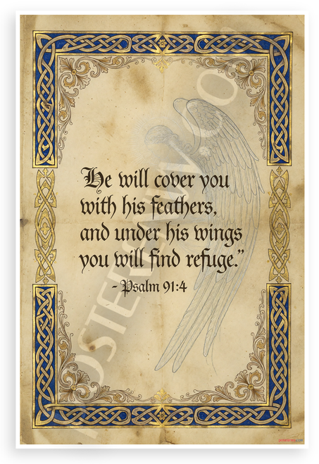 Psalm 91:4 'He Will Cover You With His Feathers' Inspirational 12x18 US Made Poster