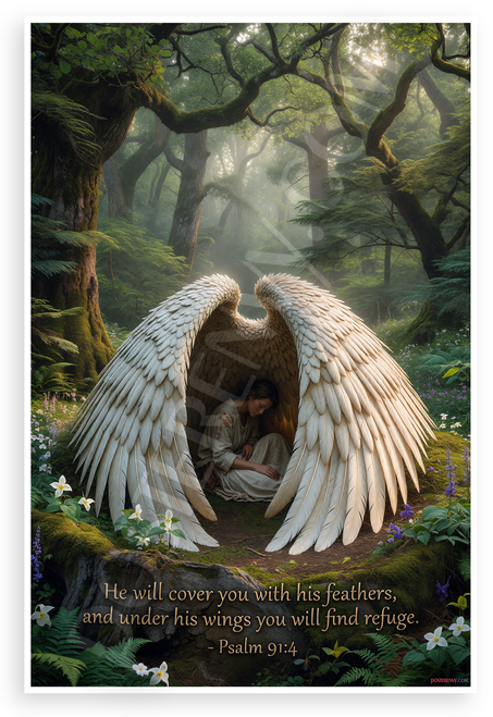 Psalm 91:4 'He Will Cover You With His Feathers' Inspirational 12x18 US Made Poster