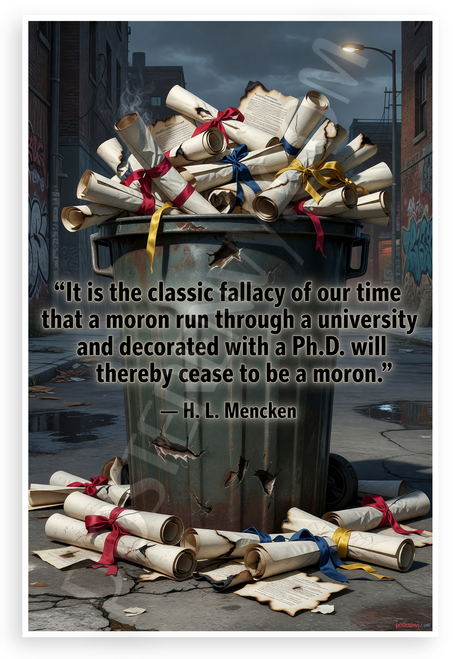 H.L. Mencken 'Moron PhD Fallacy' Quote Humorous 12x18 US Made Poster