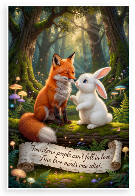"Two Clever People Can’t Fall in Love, True Love Needs One Idiot" Fox Rabbit Romance 12x18 US Made Poster