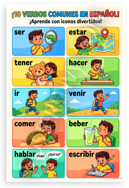 10 Common Spanish Verbs Ser Estar Tener Educational 12x18 US Made Poster