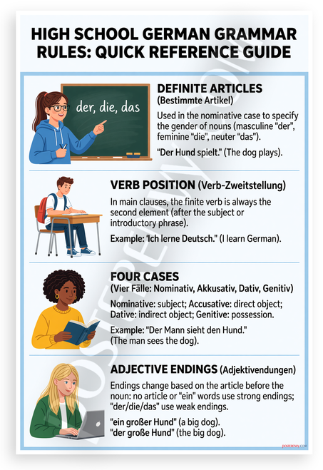 High School German Grammar Rules Quick Reference Guide Educational 12x18 US Made Poster