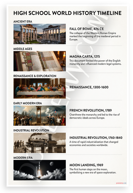 High School World History Timeline Educational 12x18 US Made Poster