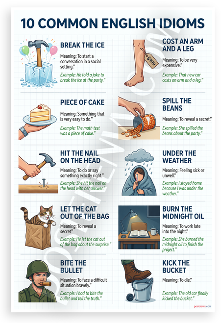 10 Common English Idioms Illustrated Educational 12x18 US Made Poster