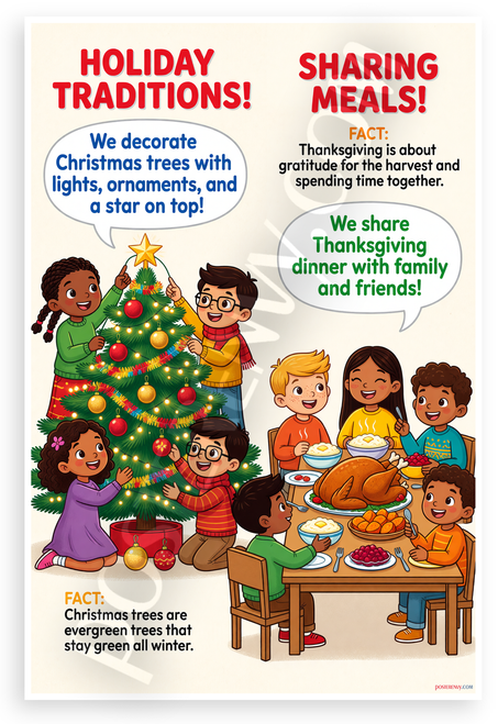Holiday Traditions Christmas Trees Thanksgiving Meals Educational 12x18 US Made Poster