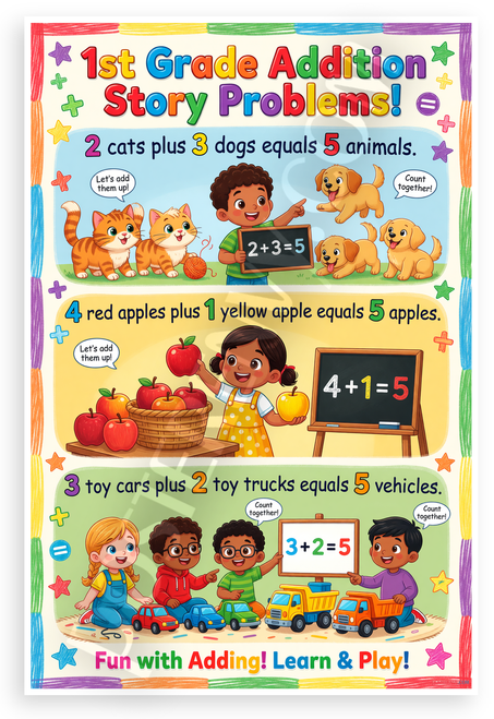 1st Grade Addition Story Problems Educational 12x18 US Made Poster