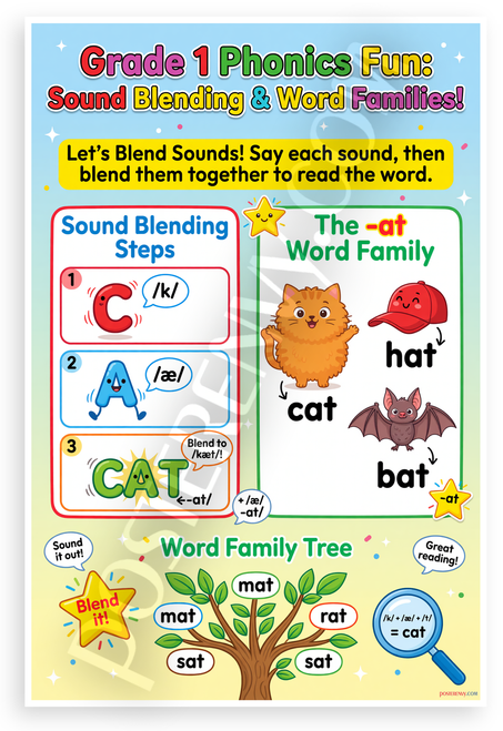 Grade 1 Phonics Fun Sound Blending and Word Families Educational 12x18 US Made Poster