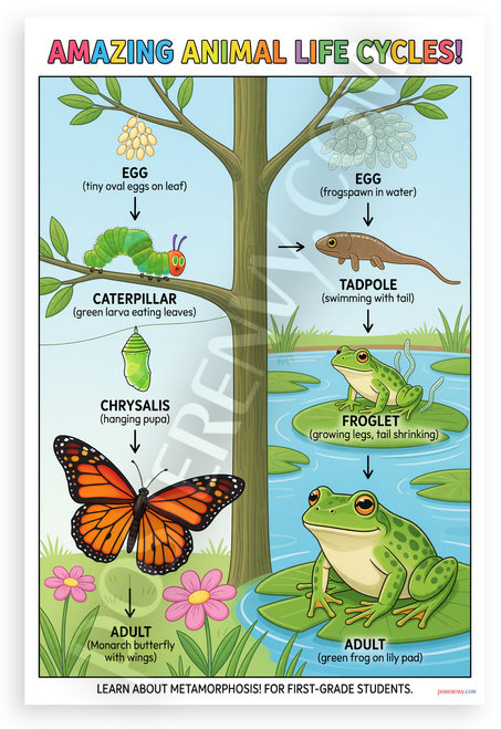Amazing Animal Life Cycles Butterfly Frog Metamorphosis Educational 12x18 US Made Poster
