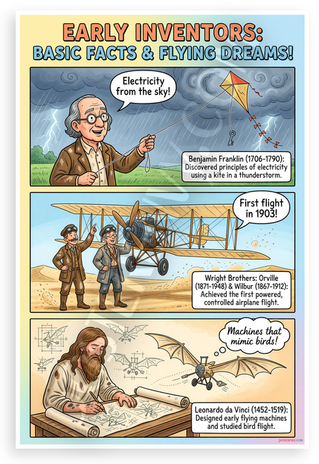 Early Inventors Benjamin Franklin Wright Brothers Leonardo da Vinci Educational 12x18 US Made Poster