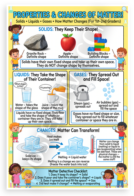 Properties and Changes of Matter Solids Liquids Gases Educational 12x18 US Made Poster
