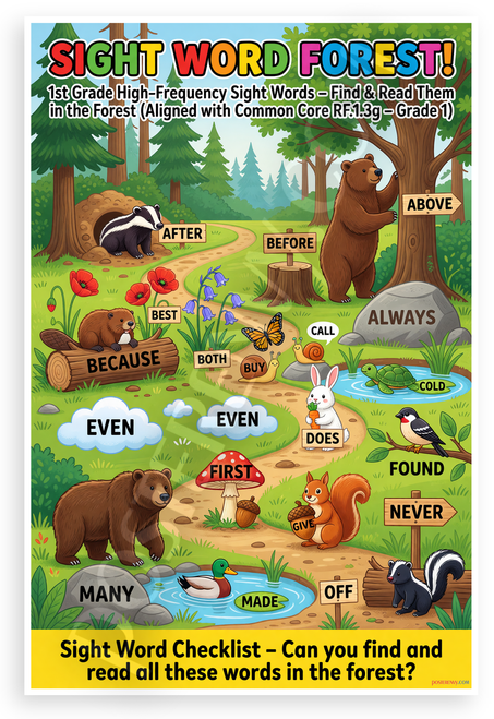 1st Grade Sight Word Forest Find & Read Educational 12x18 US Made Poster