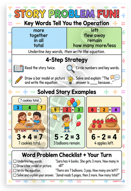 Story Problem Fun Addition Subtraction Word Problems Educational 12x18 US Made Poster