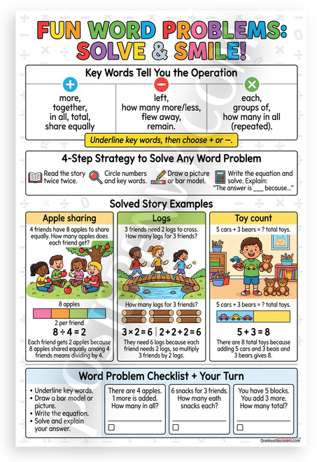 Fun Word Problems Solve & Smile Educational Math 12x18 US Made Poster