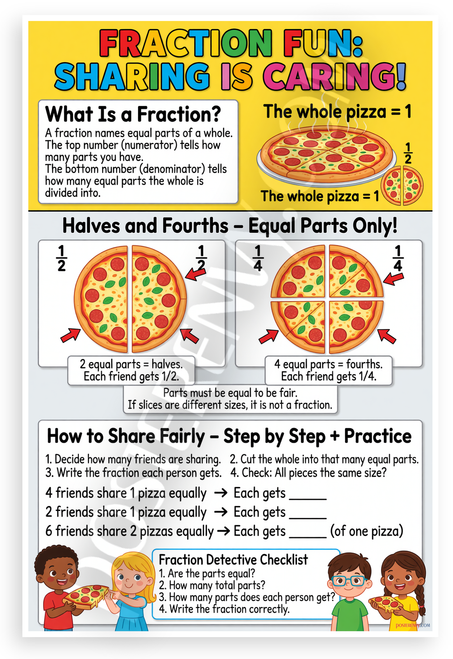 Fraction Fun Sharing Is Caring Educational 12x18 US Made Poster