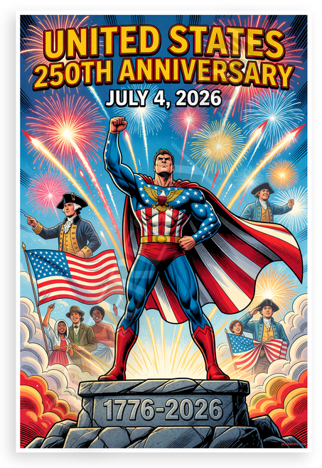 United States 250th Anniversary July 4 2026 Comic Book Style 12x18 US Made Poster
