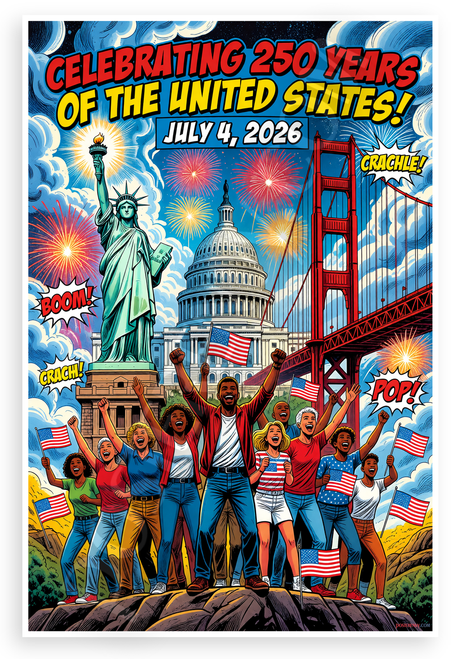 Celebrating 250 Years United States July 4 2026 Comic Book 12x18 US Made Poster