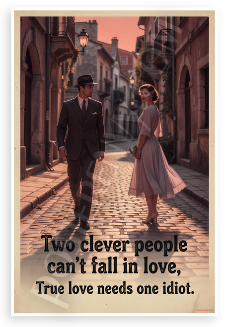 "Two Clever People Can't Fall in Love, True Love Needs One Idiot" Vintage Romantic 12x18 US Made Poster