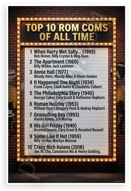 Top 10 Rom Coms of All Time Movie List 12x18 US Made Poster