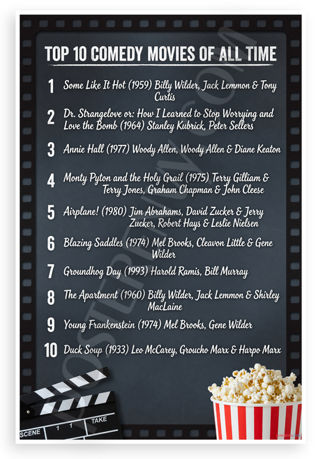 Top 10 Comedy Movies of All Time List Movie Poster 12x18 US Made Poster