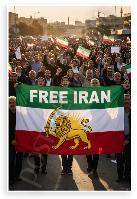Free Iran Protest Iranian Lion Flag Crowd Rally 12x18 US Made Poster