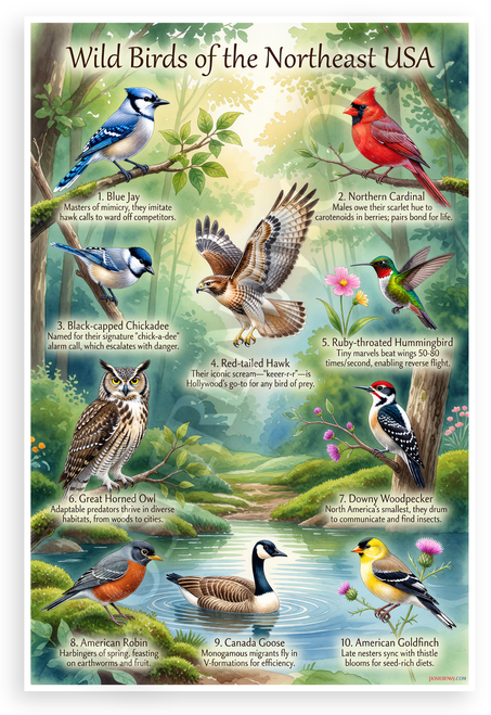 Wild Birds of the Northeast USA Educational 12x18 US Made Poster