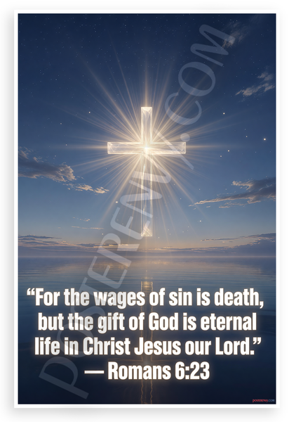 Romans 6:23 'Wages of Sin is Death but Gift of God Eternal Life' Inspirational 12x18 US Made Poster
